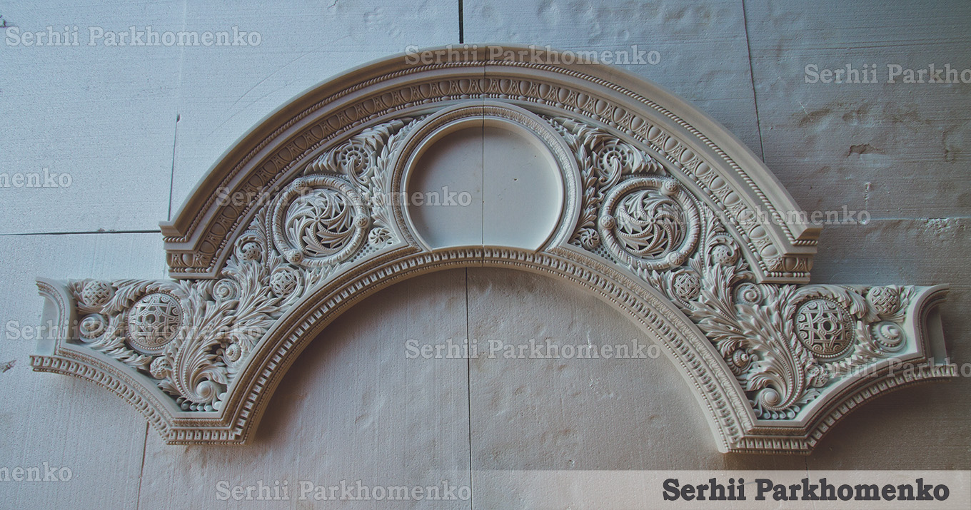 Full frontal layout of a majestic carved Thassos marble arch and tympanum for a church iconostasis in the workshop