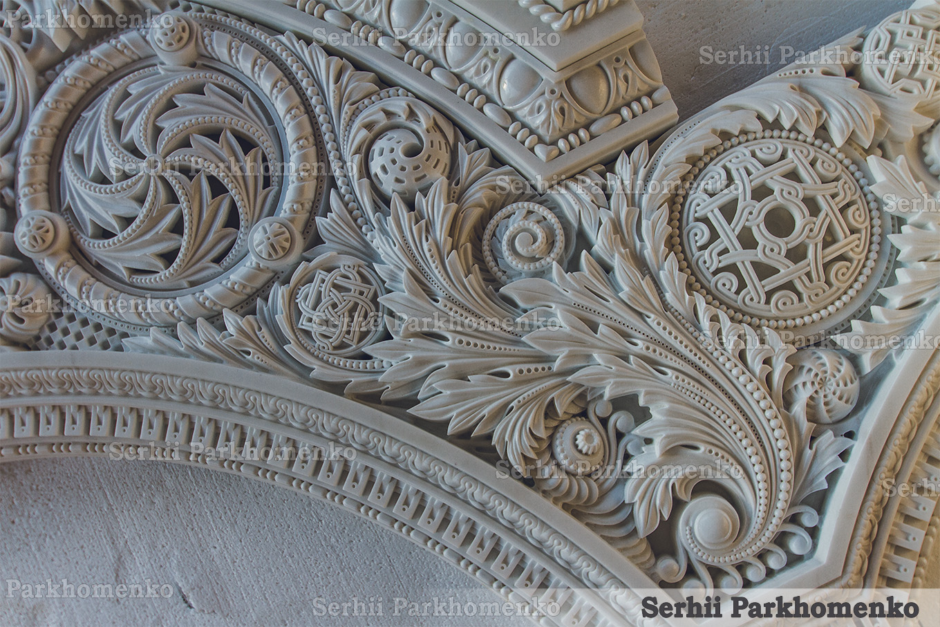 Macro view of museum-grade Neo-Byzantine stone reliefs carved from pure white Thassos marble by Serhii Parkhomenko's studio