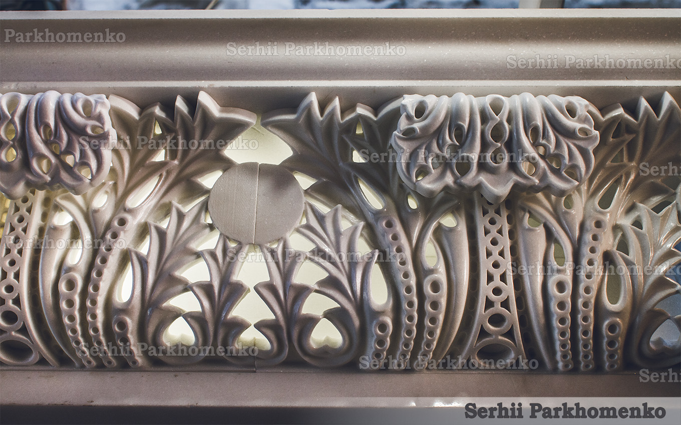 Bespoke translucent marble architectural cornice panel with integrated internal LED illumination tested in the workshop