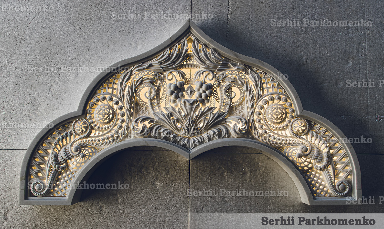 Bespoke Thassos white marble arch kokoshnik with internal LED backlighting showcasing intricate openwork carvings