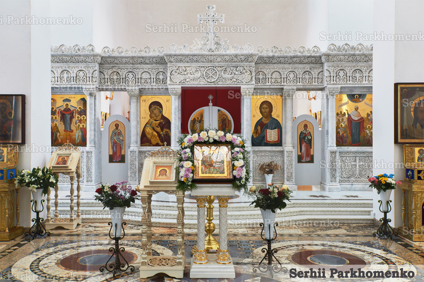 Completed single-tier Byzantine style church iconostasis made of premium Mugla White marble by Serhii Parkhomenko's studio