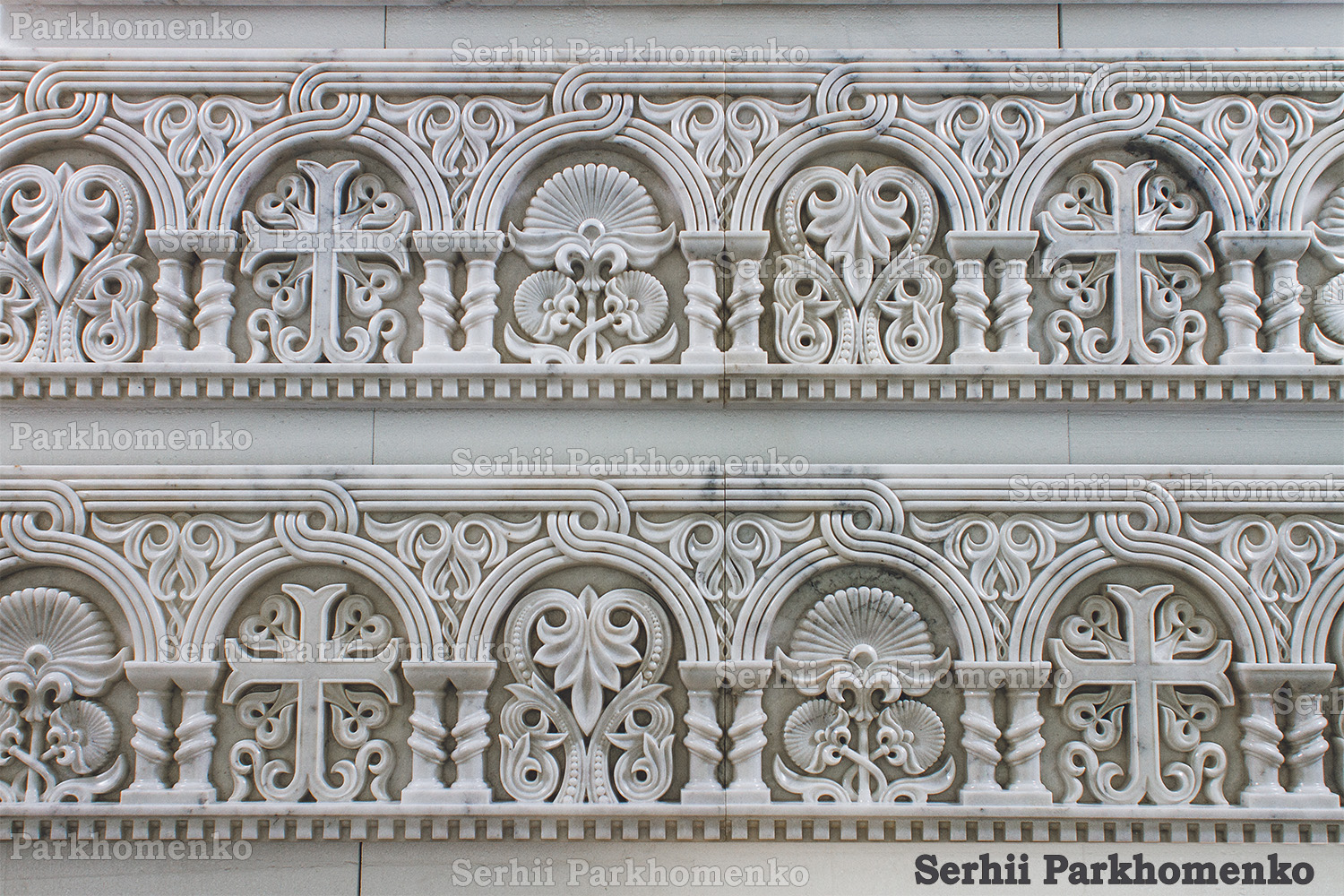 Detailed view of the Byzantine carved marble architrave elements for a single-tier iconostasis by Serhii Parkhomenko's studio