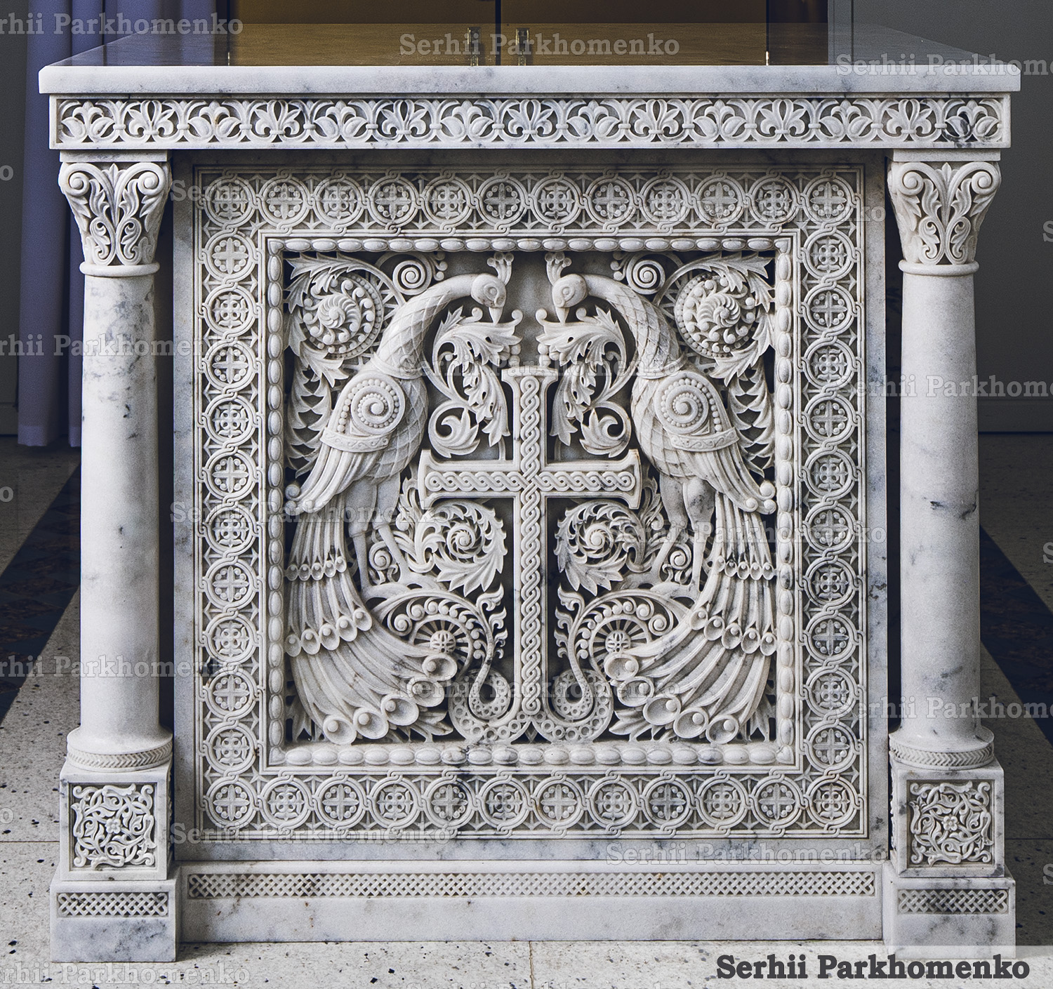 Front view of the masterfully carved Mugla White marble Altar Table featuring traditional Byzantine peacock and cross reliefs