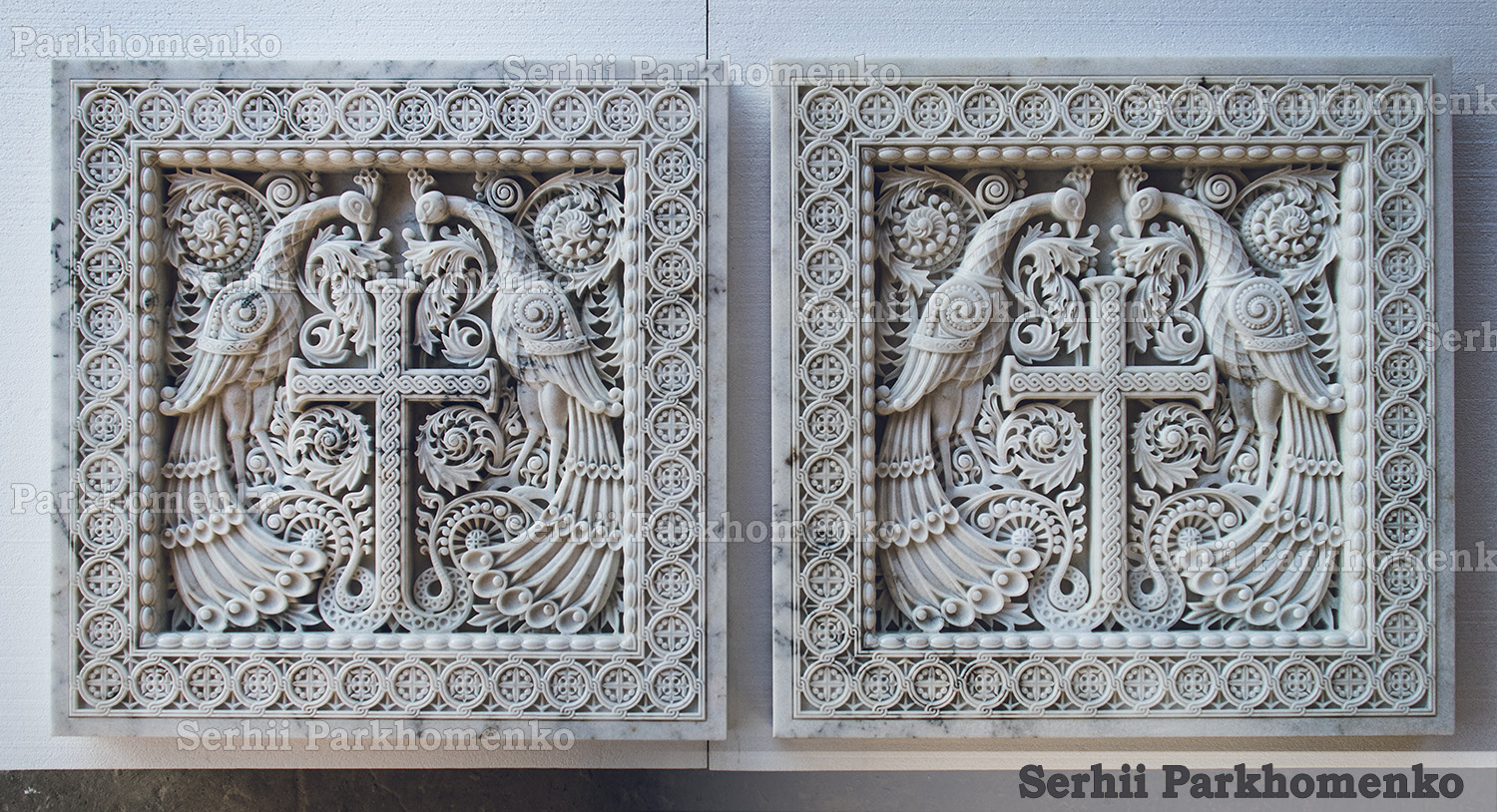 A pair of finished luxury Neo-Byzantine style carved marble decorative panels layout in Serhii Parkhomenko's workshop