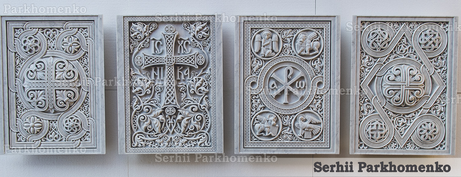 A comprehensive set of four distinct Neo-Byzantine style carved marble panels for a church altar table layout in the workshop