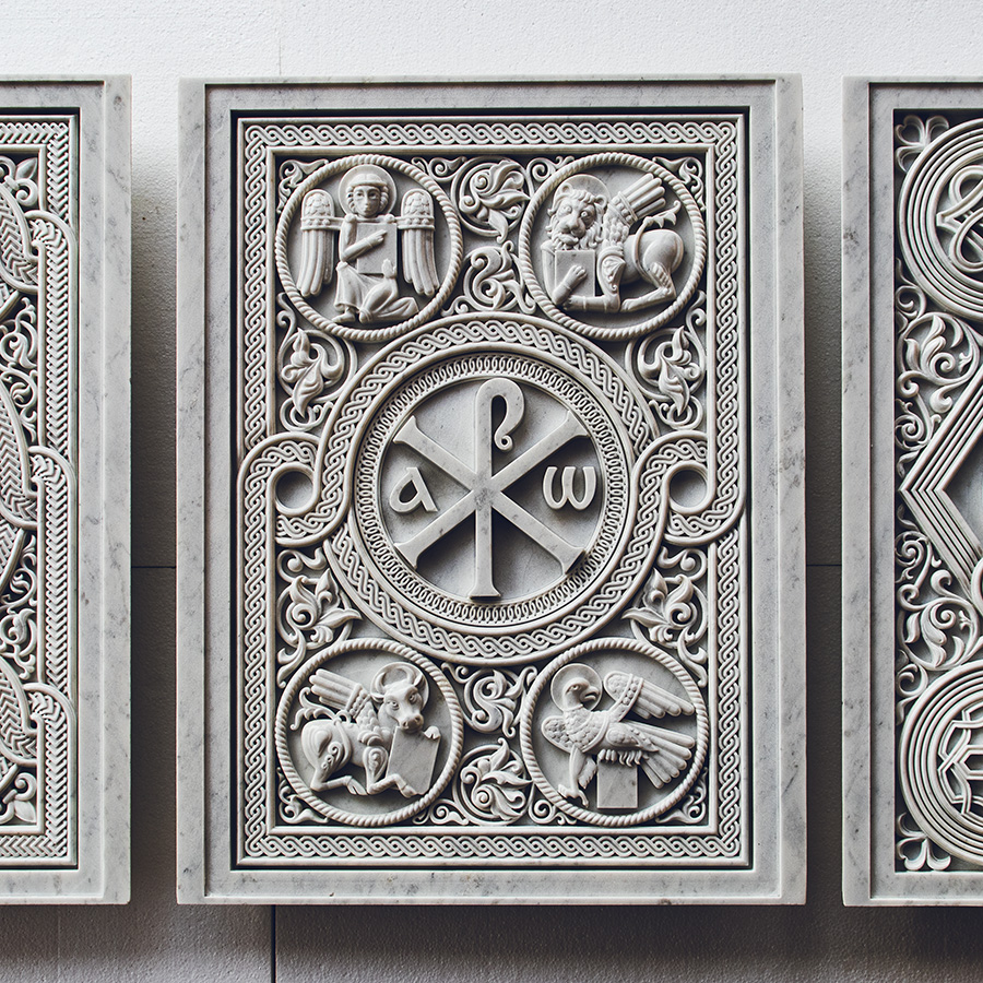 Multi-Faceted Neo-Byzantine Carved Marble Altar Panels